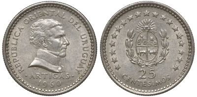 Уругвай 25 сентесимо 1960 KM 40 медно-никель 4169-938