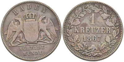 Баден 1 крейцер 1867 Великий Герцог Фридрих I (1856-1907) КМ 242 медь 117-835