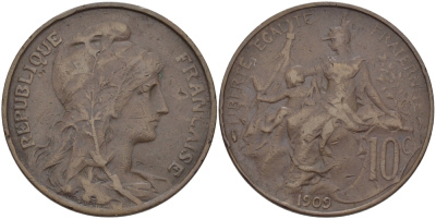 Франция 10 сантимов 1909 тип Дюпюи KM 843, LA FRANC 136.19 бронза 3460-226