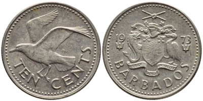 Барбадос 10 центов 1979 смеющаяся (Ацтекская) чайка KM 12 медно-никель 4396-1168