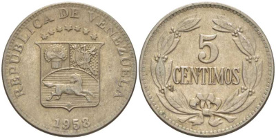 Венесуэла 5 сентимо 1958 KM 38.1 медно-никель 105-821
