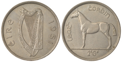 ИРЛАНДИЯ 1/2 КРОНЫ 1951 ЛОШАДЬ KM 16a медно-никель 4389-1021