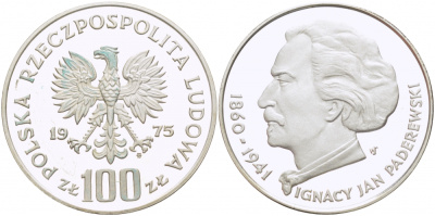 Польша 100 злотых 1975 MW, Игнаций Ян Падеревский (1860-1941) KM 77, Parchimowicz 273 серебро PROOF 1082-1-21