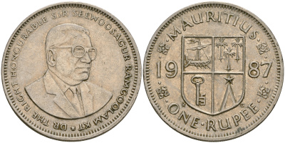 Маврикий 1 рупия 1987 Сивусагур Рамгулам KM 55 медно-никель 25-1221