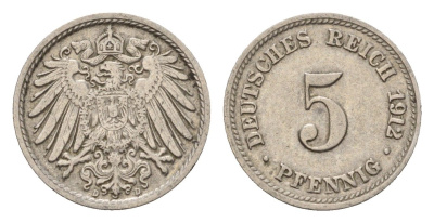 Германия 5 пфеннигов 1912 D, Вильгельм II (1888-1918) KM 11, J. 12 медно-никель 4636-256