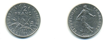 ФРАНЦИЯ 1/2 ФРАНКА 1977 СЕЯТЕЛЬ KM 931.1, LE FRANC 198.16 никель 80-913