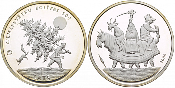 Латвия 1 лат 2009 500 лет рождественской ели KM 105 серебро PROOF 11-167-12