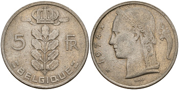 Бельгия 5 франков 1974 Belgique, Бодуэн I (1951-1993) KM 134 медно-никель 4156-652