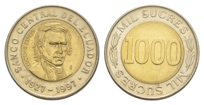 Эквадор 1000 сукре 1997 70 лет Центробанку KM 103 биметалл UNC 4641-746