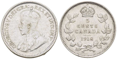 Канада 5 центов 1918 Георг V (1910-1936) KM 22 серебро 206-239
