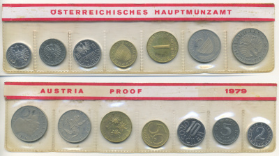 Австрия набор из 7 монет  1979  2, 5, 10, 50 грошей, 1, 5, 10 шиллингов, в целлофане KM PS 39 PROOF 4400-1-1