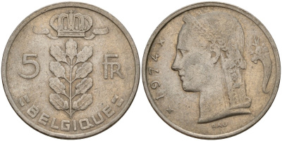 Бельгия 5 франков 1974 Belgique, Бодуэн I (1951-1993) KM 134 медно-никель 4156-652