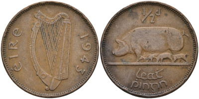 Ирландия 1/2 пенни 1943 свинья с поросятам KM 10 бронза 4132-326