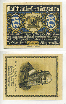 ГЕРМАНИЯ 75 ПФЕННИГОВ 1921 НОТГЕЛЬД, ГОРОД ЛЕНЦЕН ЭЛЬБА, ПОРТРЕТ ФРИДРИХА ЛЮДВИГА ЯНА, МЮНХЕНСКИЙ ВЫПУСК бумага UNC (ПРЕСС) 7221-77-3