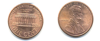 США 1 ЦЕНТ 2000 ЛИНКОЛЬН KM 201b цинк плакированный медью 86-425