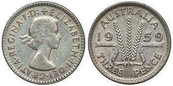 Австралия 3 пенса 1959 m, Елизавета II (1952-2022) KM 57 серебро 71-616