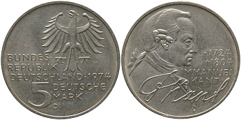 ФРГ 5 марок 1974 D, 250 лет со дня рождения Иммануила Канта KM 139 серебро UNC 4557-725