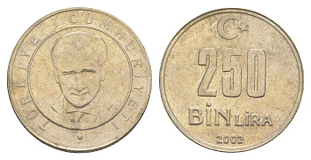 Турция 250000 лир 2002 Кемаль Ататюрк KM 1137 медь цинк никель 4648-1241