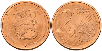 Финляндия 2 евроцента 1999  KM 99 сталь плакированная медью  UNC  4160-348