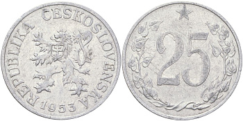 Чехословакия 25 геллеров 1953 KM 39 алюминий 4142-224