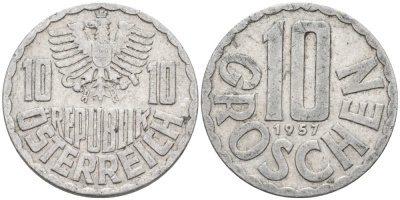 Австрия 10 грошей 1957 KM 2878 алюминий 4567-1021