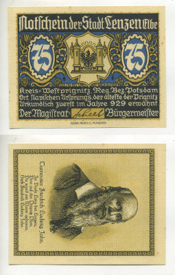 ГЕРМАНИЯ 75 ПФЕННИГОВ 1921 НОТГЕЛЬД, ГОРОД ЛЕНЦЕН ЭЛЬБА, ПОРТРЕТ ФРИДРИХА ЛЮДВИГА ЯНА, МЮНХЕНСКИЙ ВЫПУСК бумага UNC (ПРЕСС) 7221-77-3