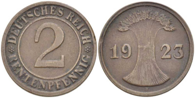 ГЕРМАНИЯ 2 РЕНТЕНПФЕННИГА 1923 D KM 31, J. 307 бронза 206-1156