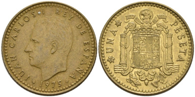 Испания 1 песета 1975 (79) Хуан Карлос I (1975-2014) KM 806 алюминиевая бронза 4573-924