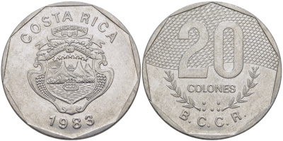 КОСТА-РИКА 20 КОЛОНОВ 1983 В.С.С.R. KM 216.1 нержавеющая сталь 82-1015