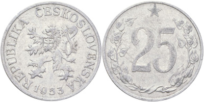 Чехословакия 25 геллеров 1953 KM 39 алюминий 4142-224