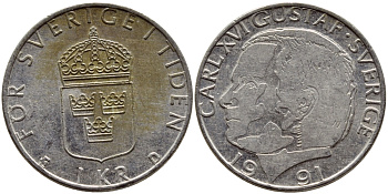 Швеция 1 крона 1991 Карл XVI Густав (1973- ) KM 852a медно-никель 4390-224