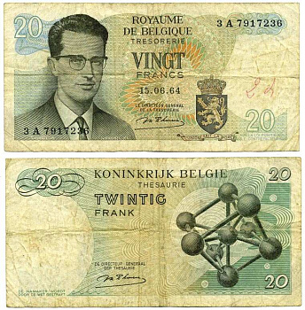 Бельгия 20 франков 1964 Бодуэн I, атомиум, d Haeze Pick 138 (1) бумага 6262-51-1-1