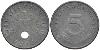 ГЕРМАНИЯ 5 РЕЙХСПФЕННИГОВ 1940 A KM 100, J. 370 цинк 211-535