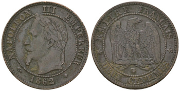 Франция 2 сантима 1862 BB, Наполеон III (1852-1870) KM 796.5 бронза 4615-643