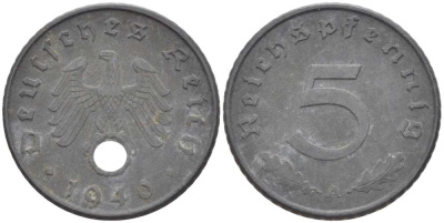 ГЕРМАНИЯ 5 РЕЙХСПФЕННИГОВ 1940 A KM 100, J. 370 цинк 211-535