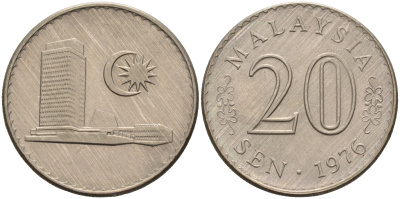 Малайзия 20 сенов 1976 здание Парламента KM 4 медно-никель UNC 4591-255