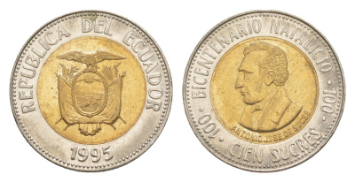 Эквадор 100 сукре 1995 200 лет со дня рождения Антонио Хосе де Сукре KM 96 биметалл UNC 4640-1245