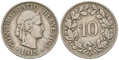 Швейцария 10 раппенов 1915 B KM 27 медно-никель 4169-662