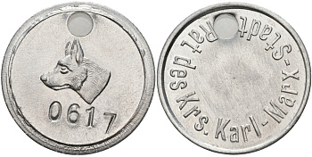 Германия СОБАЧИЙ жетон, РЕГИСТРАЦИОННЫЙ №0617, ГОРОД Карл МАРКС ШТАДТ, РАЙОННЫЙ СОВЕТ алюминий 4557-234