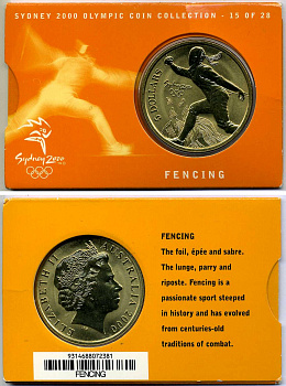 Австралия 5 долларов 2000 XXVII летние Олимпийские игры 2000 года в Сиднее, фехтование, в оригинальном картонном буклете KM 420 латунь  UNC  2-5-2-42