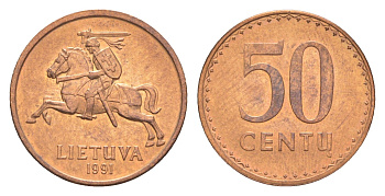 Литва 50 центов 1991 KM 90 бронза UNC 4115-1021