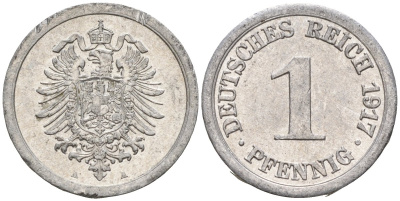 Германия 1 пфенниг 1917 A KM 24, J. 300, Weege 2 алюминий 4151-1229
