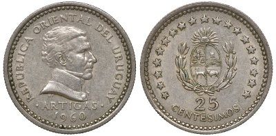 Уругвай 25 сентесимо 1960 KM 40 медно-никель 4169-961