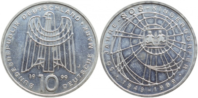 ФРГ 10 марок 1999 J, 50 лет организации защиты детей KM 198 серебро UNC 1520-1515