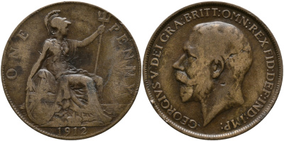 Великобритания 1 пенни 1912 Георг V (1910-1936) KM 810, Spink 4051 бронза 4607-633