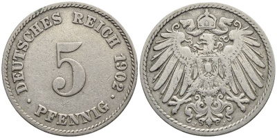 ГЕРМАНИЯ 5 ПФЕННИГОВ 1902 J KM 11, Jager 12, Weege 6 медно-никель 4547-427
