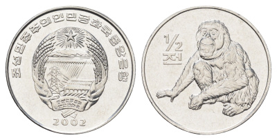 КНДР (Северная Корея) 1/2 чона 2002 Мир животных - Орангутан KM 184 алюминий UNC 4662-331
