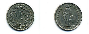 ШВЕЙЦАРИЯ 1 ФРАНК 1968 KM 24а.1 медно-никель 37-1134