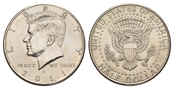 США 1/2 доллара (50 центов) 2011 D, Джон Кеннеди KM A202b медь плакированная медно-никелем UNC 4634-431