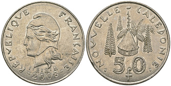 Французская Новая Каледония 50 франков 2008 хижина среди сосен и пальм, (IEOM) KM 13a, Schoen 15a, Lec 128i медно-никель 114-321